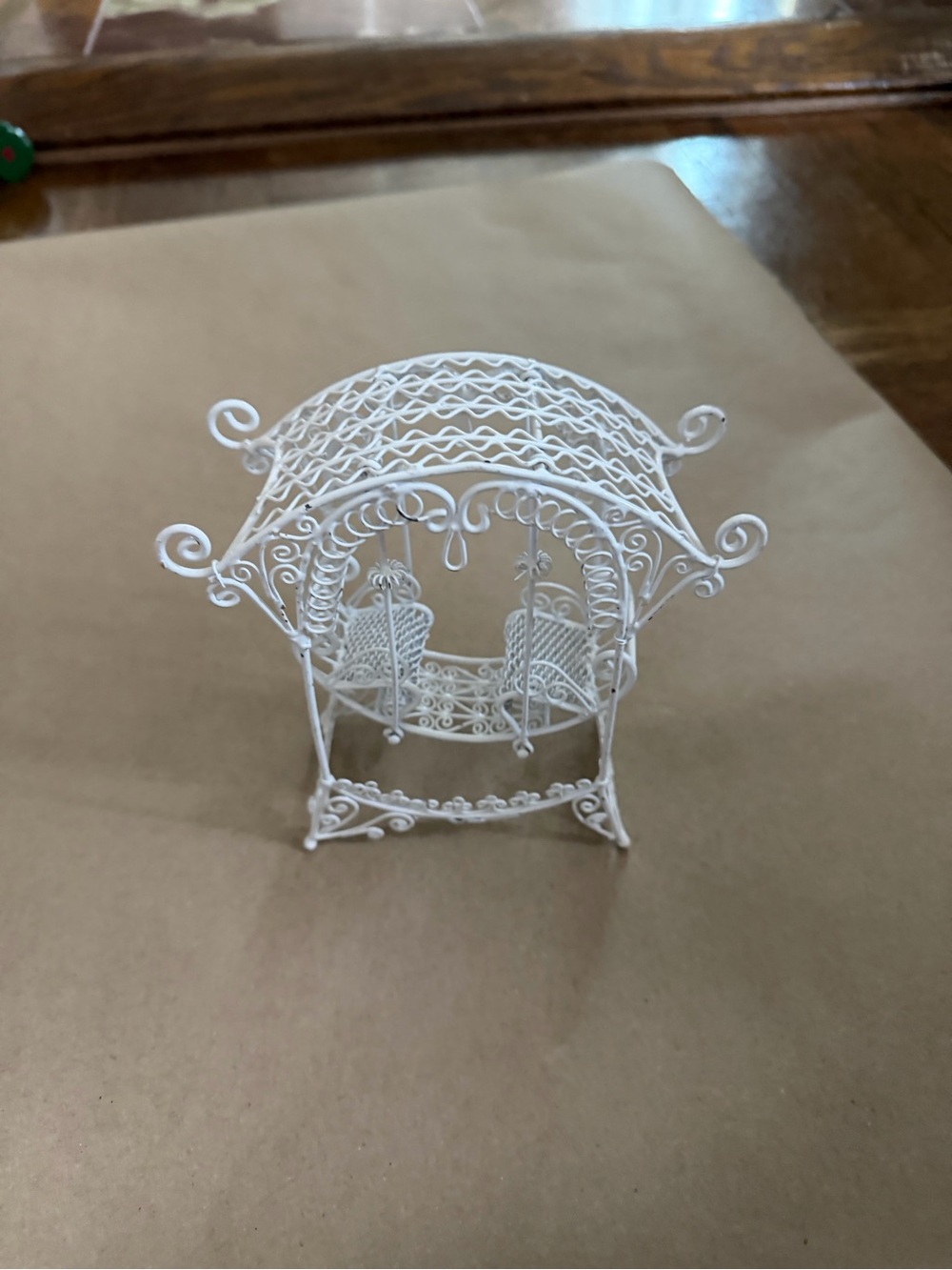 Dollhouse White Ornate Wire Garden Swing Figurine